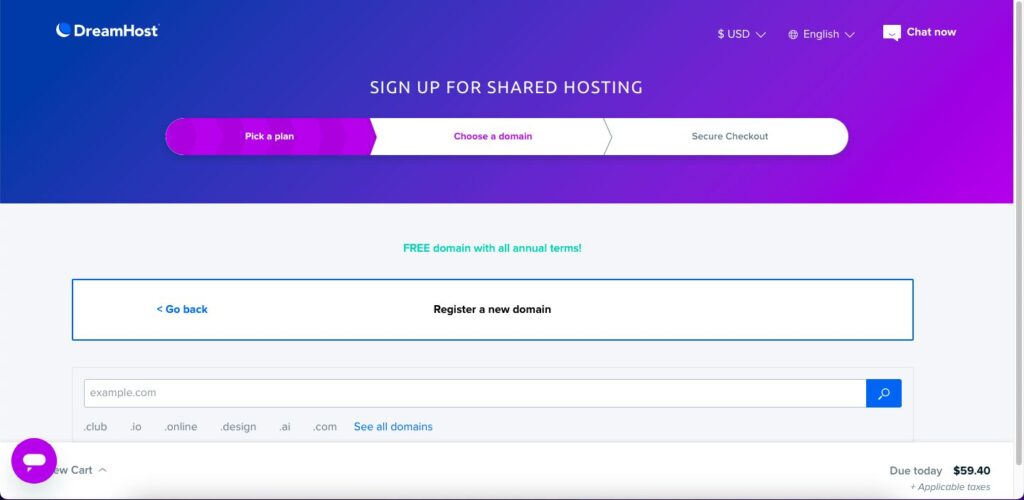 DreamHost choose a domain page