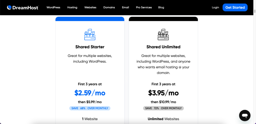 Screenshot of shared unlimited and shared starter