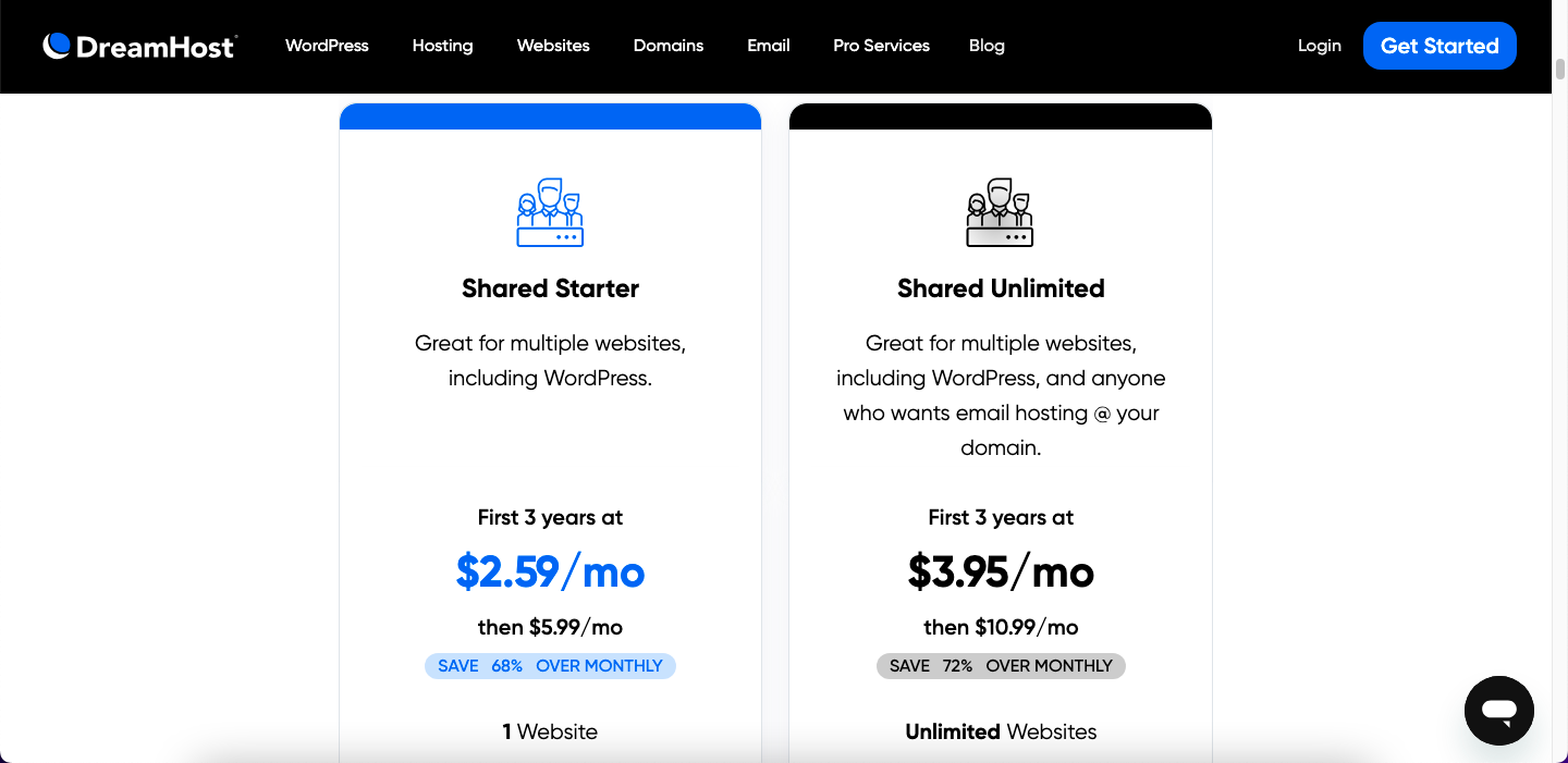 Screenshot of shared unlimited and shared starter