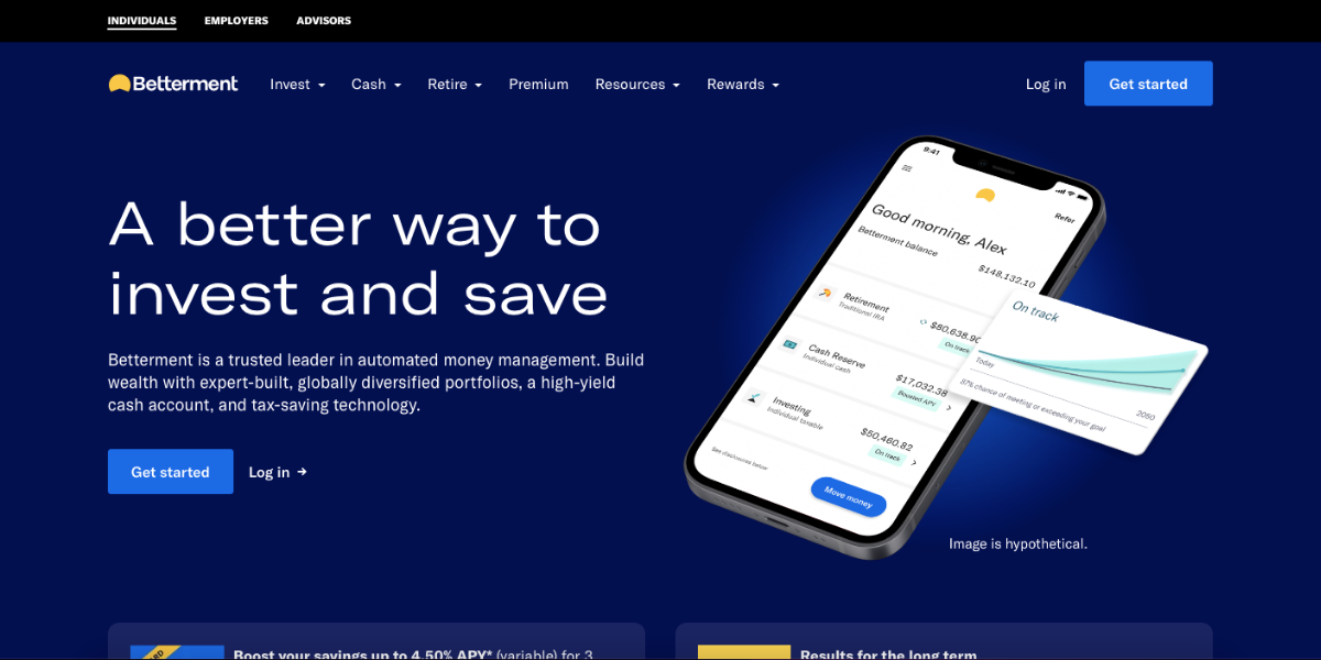 Retirement planning, Screenshot of Betterment homepage