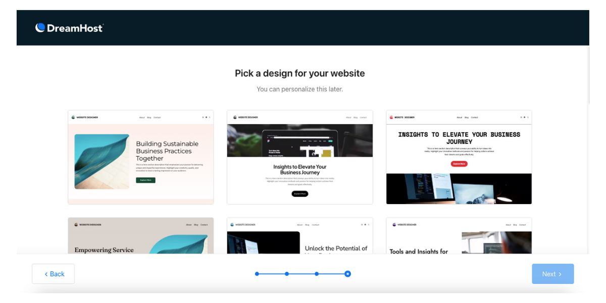 Screenshot showing multiple thumbnails of designs that DreamHost's AI created based on inputs