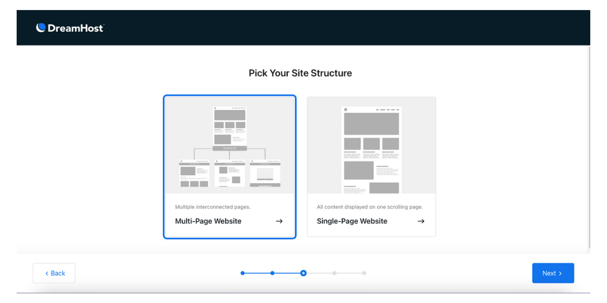 Screenshot of page where you pick structure, either single or multi-page layout.