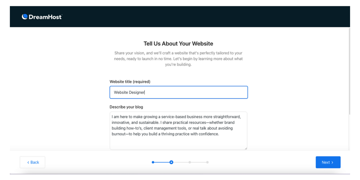 Screenshot of page asking for website tagline and description
