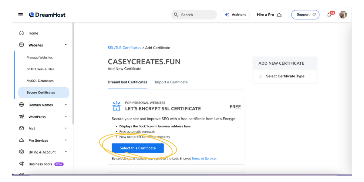 Select certificate button is circled