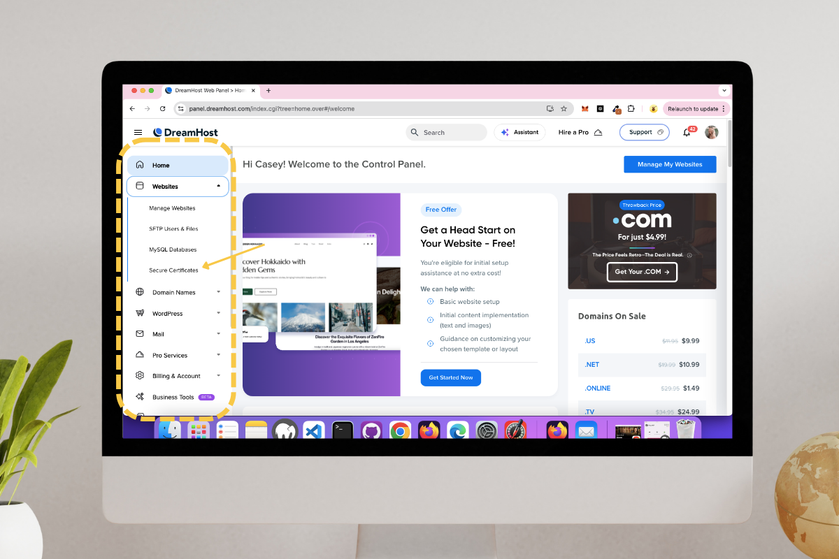 shows left side bar highlighted on DreamHost panel