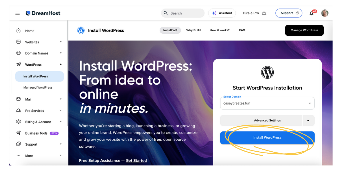 Screenshot showing "install WordPress" button circled