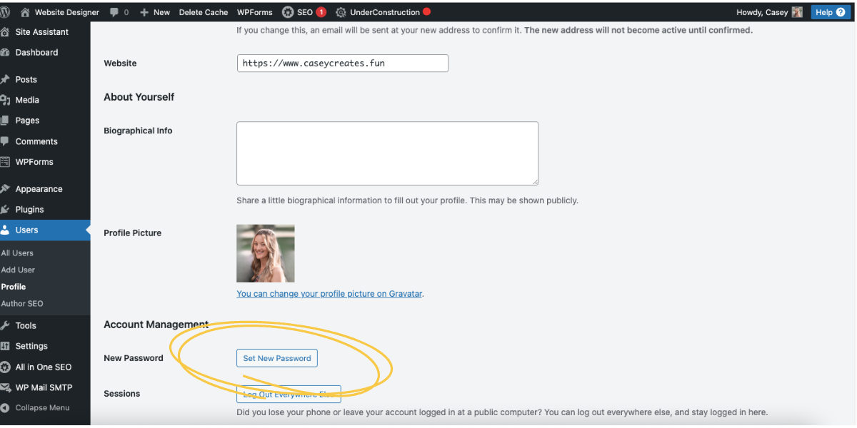 Screenshot showing "change password" button