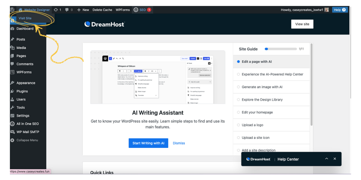 Screenshot of the WordPress dashboard pointing to "visit site" which is also circled