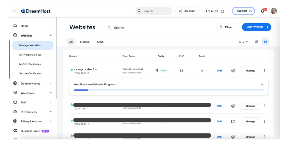 Screenshot showing WordPress installing