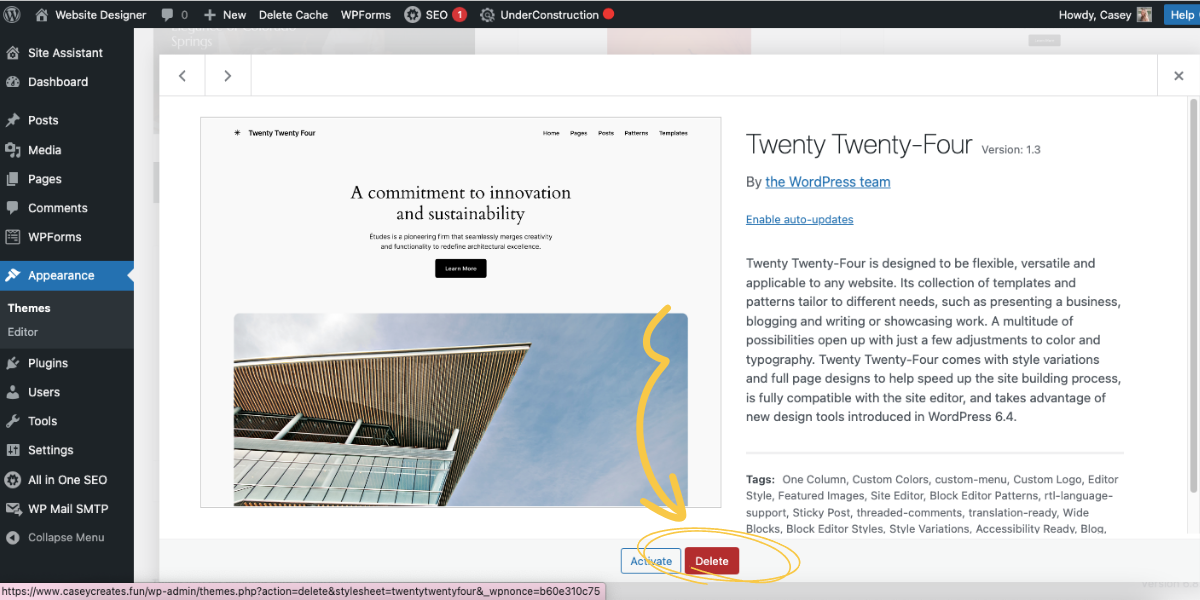 Screenshot of theme options, highlighting delete button