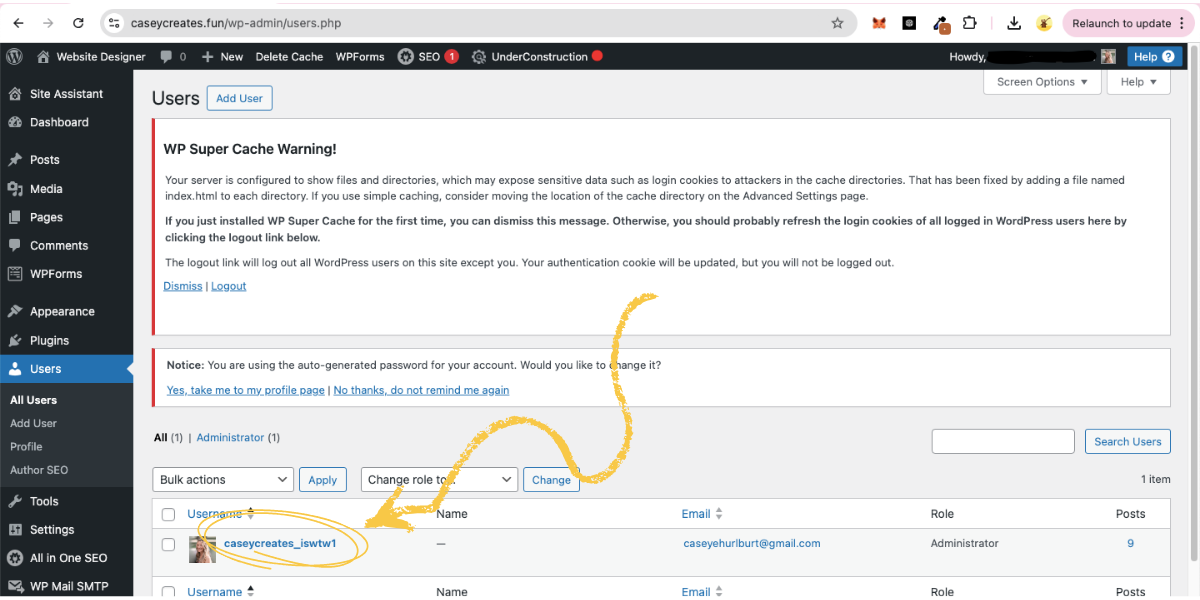 Screenshot of WordPress dashboard showing users.